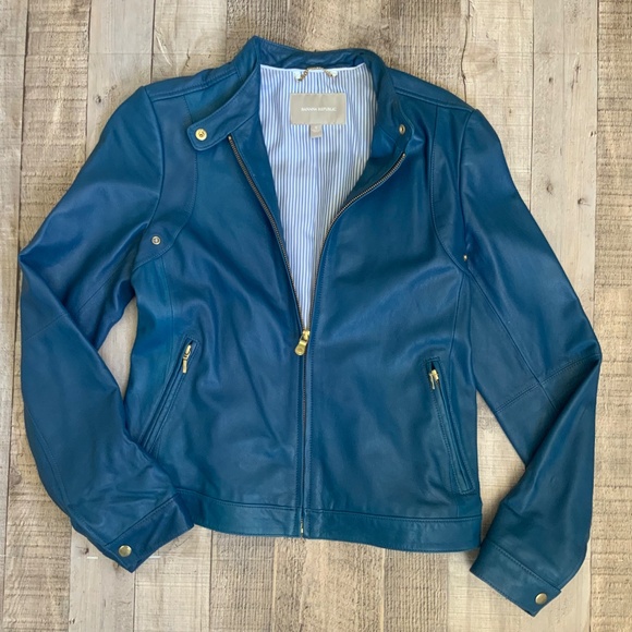 Banana Republic Leather Cropped Moto Jacket Blue SZ S - Picture 9 of 12